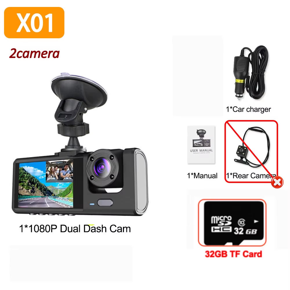 1080P Car Dvr 3 Camra Dash Cam for Cars Camera for Vehicle Recorder Video Front and Rear Camera W/ IR Night Vision Dashcam