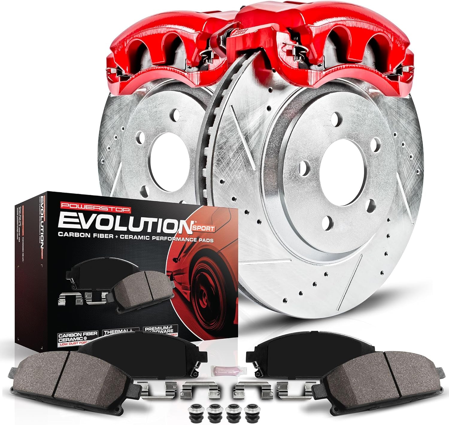 Rear Brake & Caliper Kit for Jeep Wrangler 2007-17 | Jeep Wrangler JK 2018 - Carbon-Fiber Ceramic Brake Pads + Drilled & Slotted Rotors + Red Powder Coated Calipers, KC3090