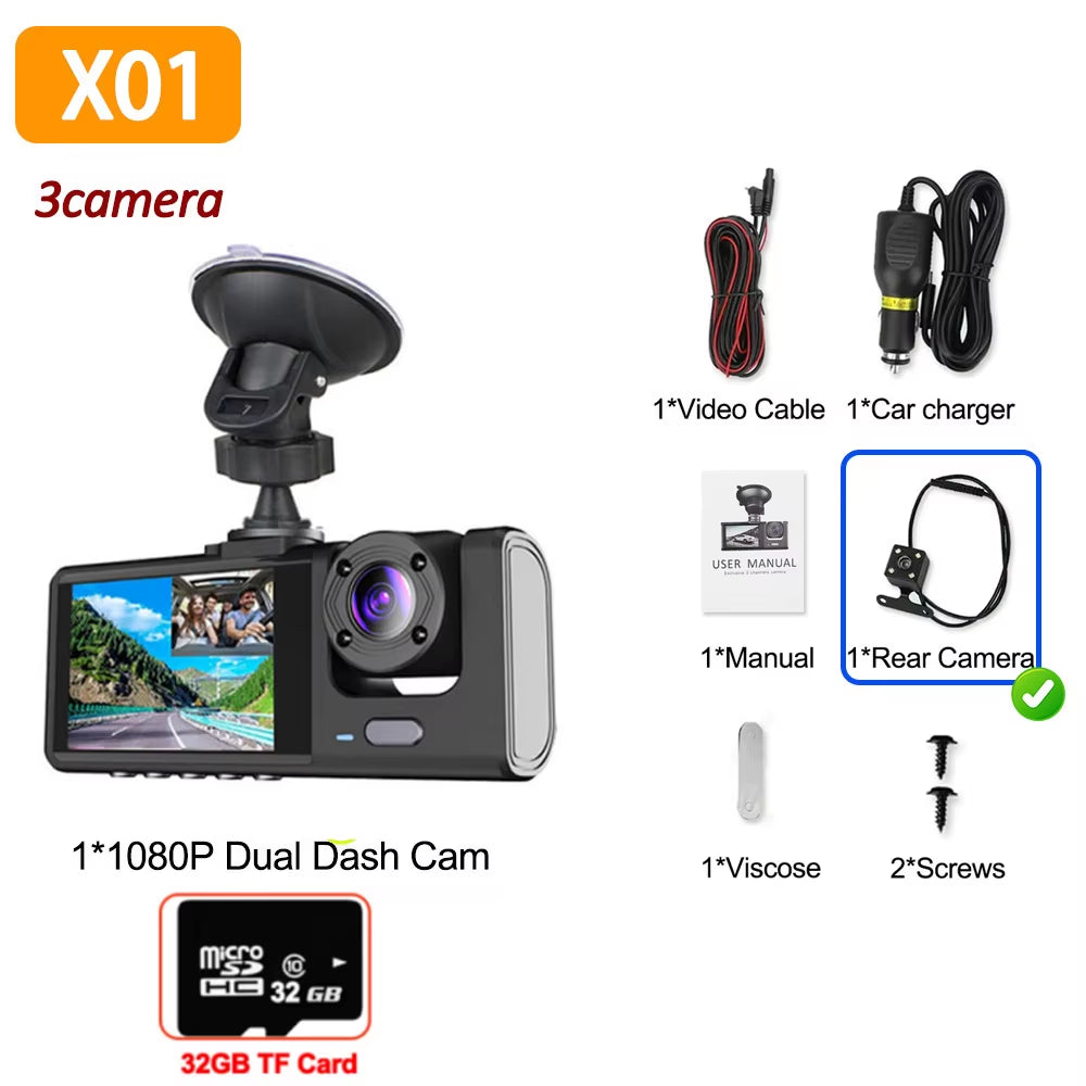 1080P Car Dvr 3 Camra Dash Cam for Cars Camera for Vehicle Recorder Video Front and Rear Camera W/ IR Night Vision Dashcam