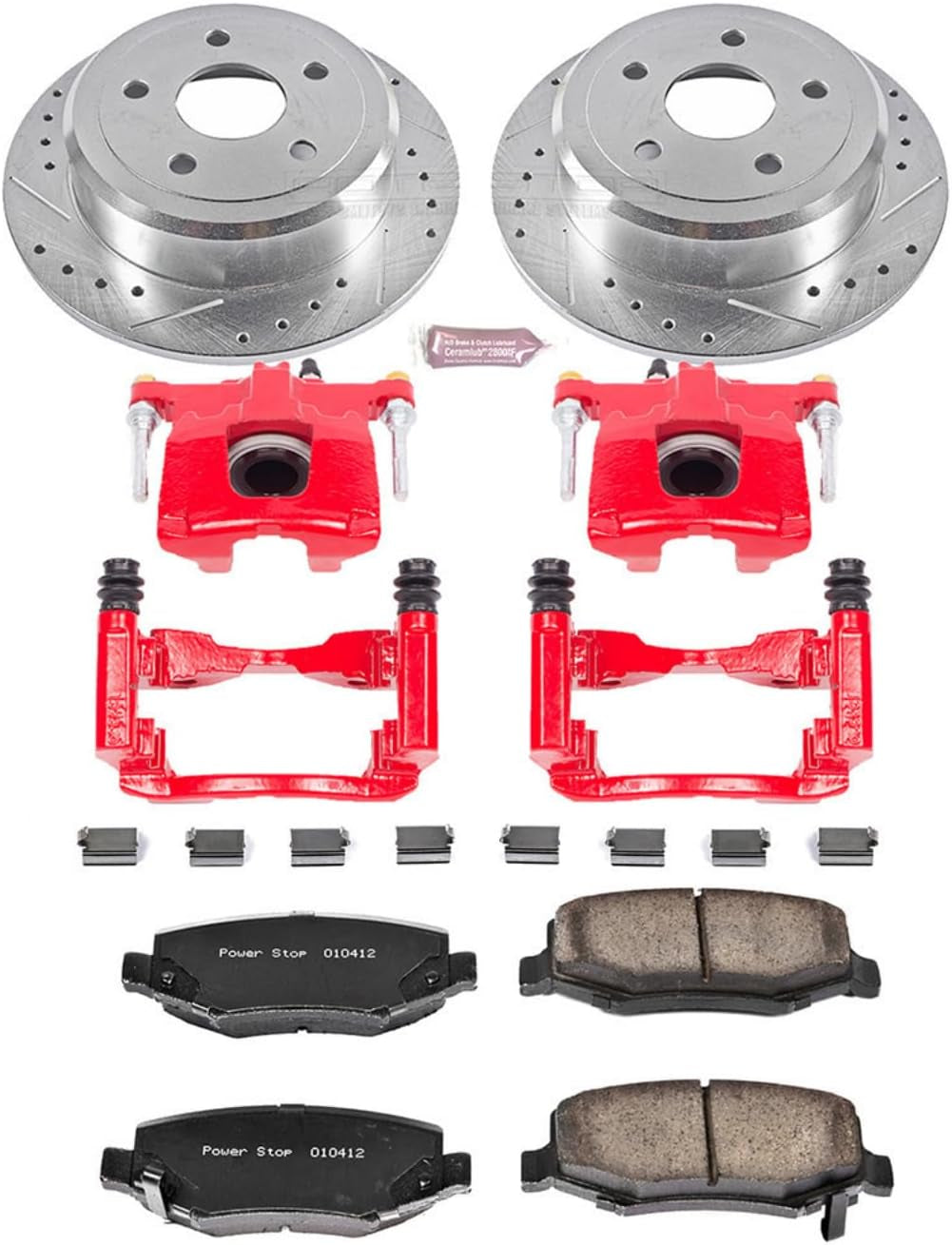 Rear Brake & Caliper Kit for Jeep Wrangler 2007-17 | Jeep Wrangler JK 2018 - Carbon-Fiber Ceramic Brake Pads + Drilled & Slotted Rotors + Red Powder Coated Calipers, KC3090