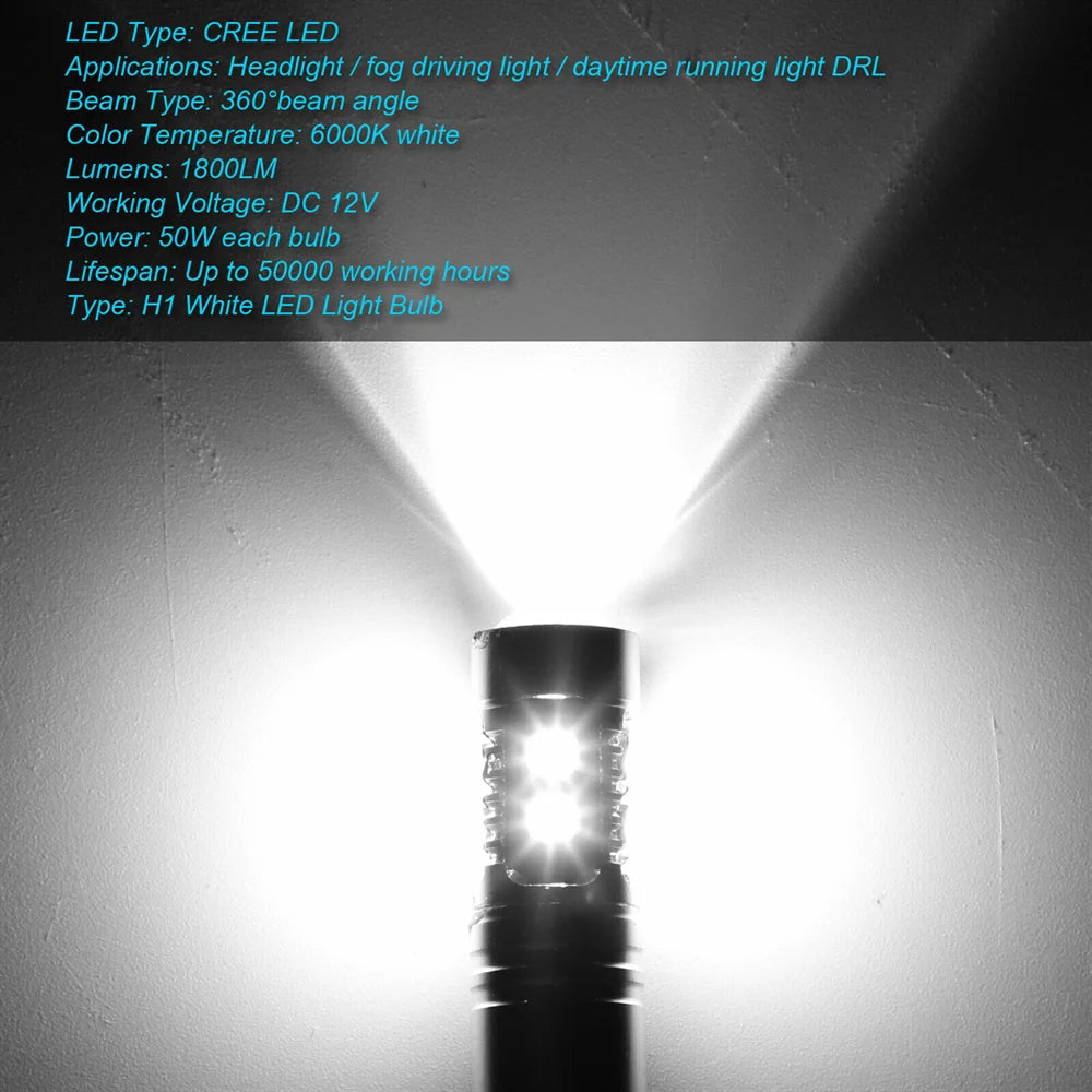 2Pcs H1 LED Car Lights H3 LED Bulb Xenon White Light Atuo Lamps for Car Headlight Bulbs 12V 24V 50W Lighting Fog Lamps