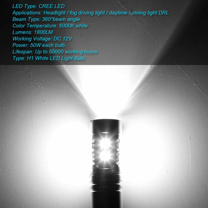 2Pcs H1 LED Car Lights H3 LED Bulb Xenon White Light Atuo Lamps for Car Headlight Bulbs 12V 24V 50W Lighting Fog Lamps